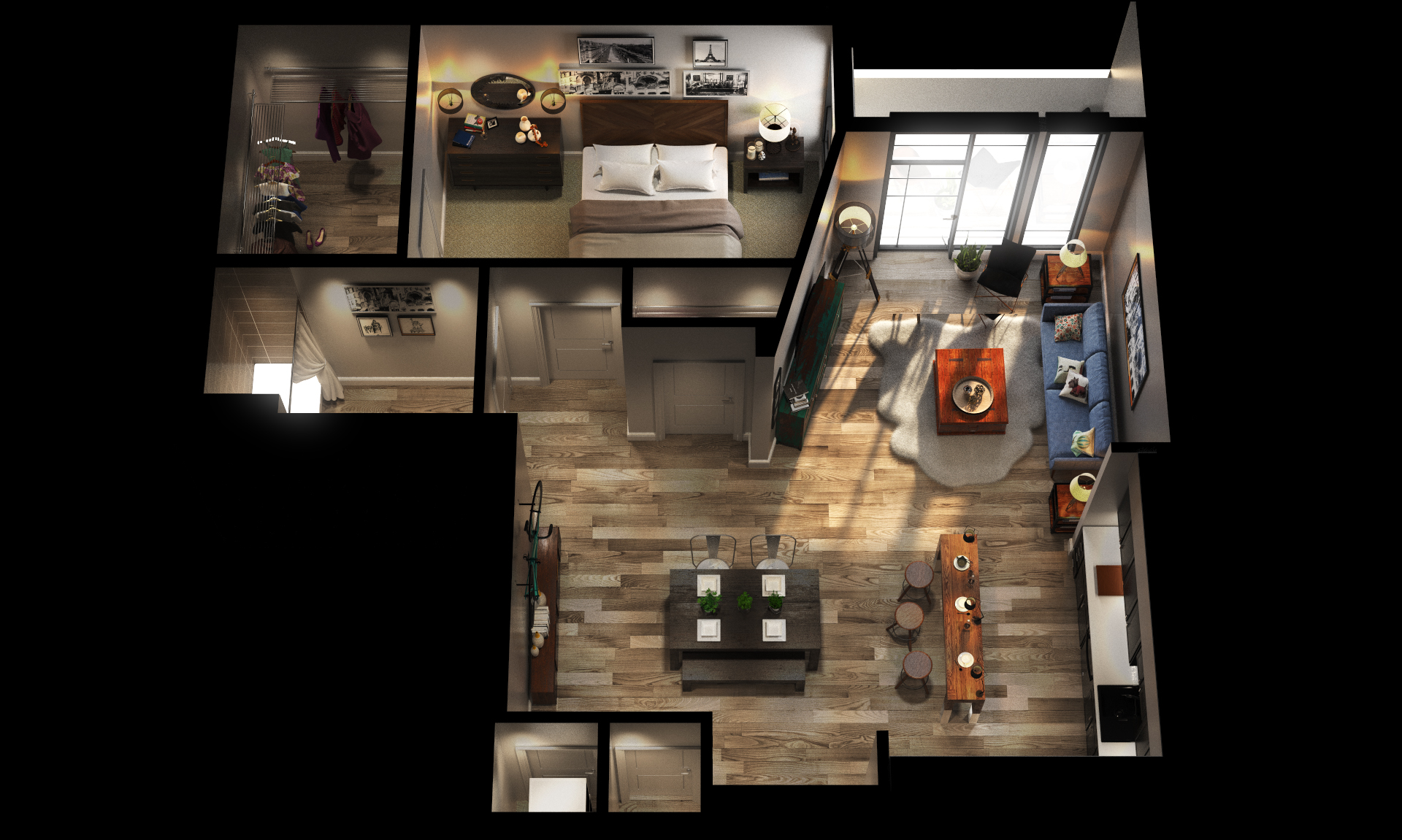 Floor plan for 1 bed, 1 bath, 869 sqft